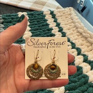 Silver Forest Gold and Brown Earrings with Green Accents